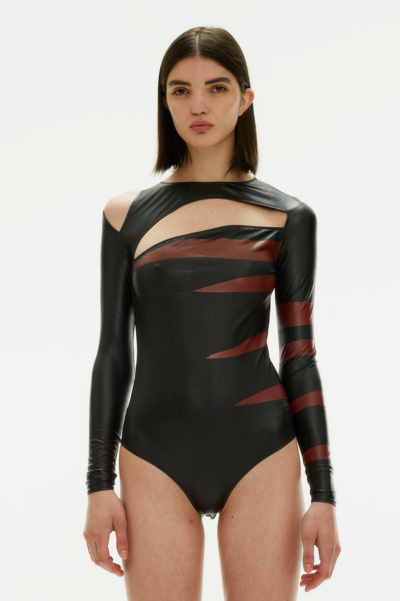 CUT OUT VEGAN LEATHER BODYSUIT