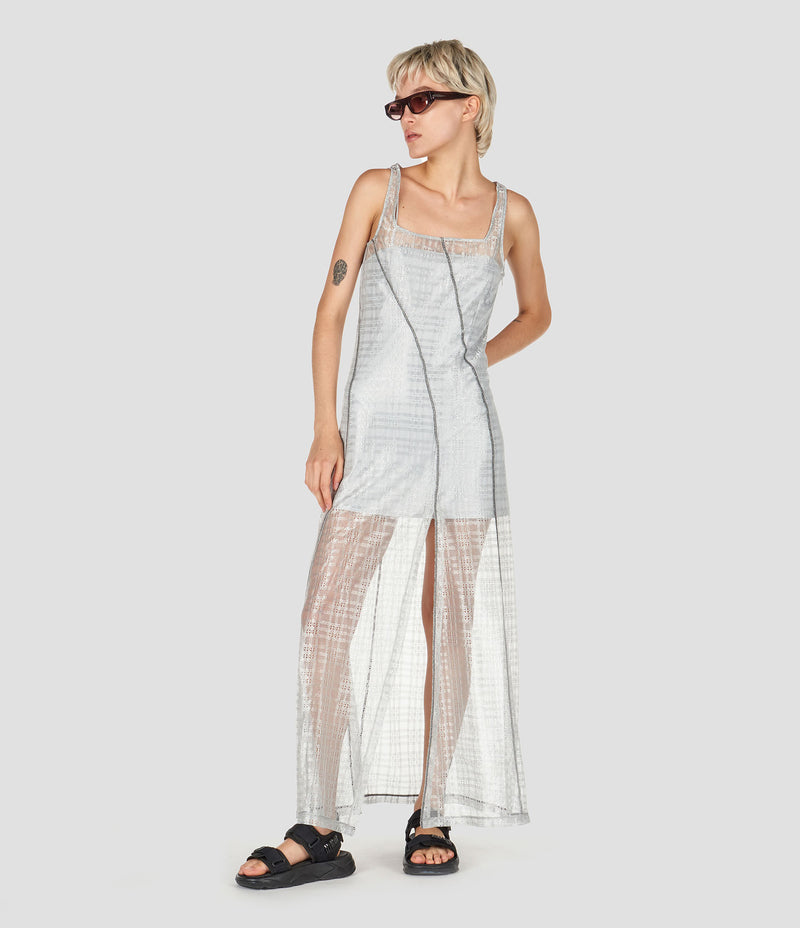 SHINY LUREX LACE LONG SLEEVELESS DRESS