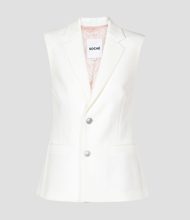 WHITE SLEEVELESS SHARPLY TAILORED JACKET