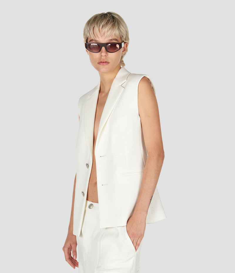 WHITE SLEEVELESS SHARPLY TAILORED JACKET