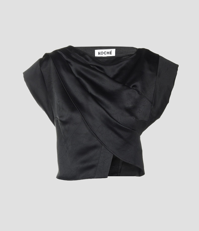 WRINKLED SHINY POLY BLACK CROP TOP