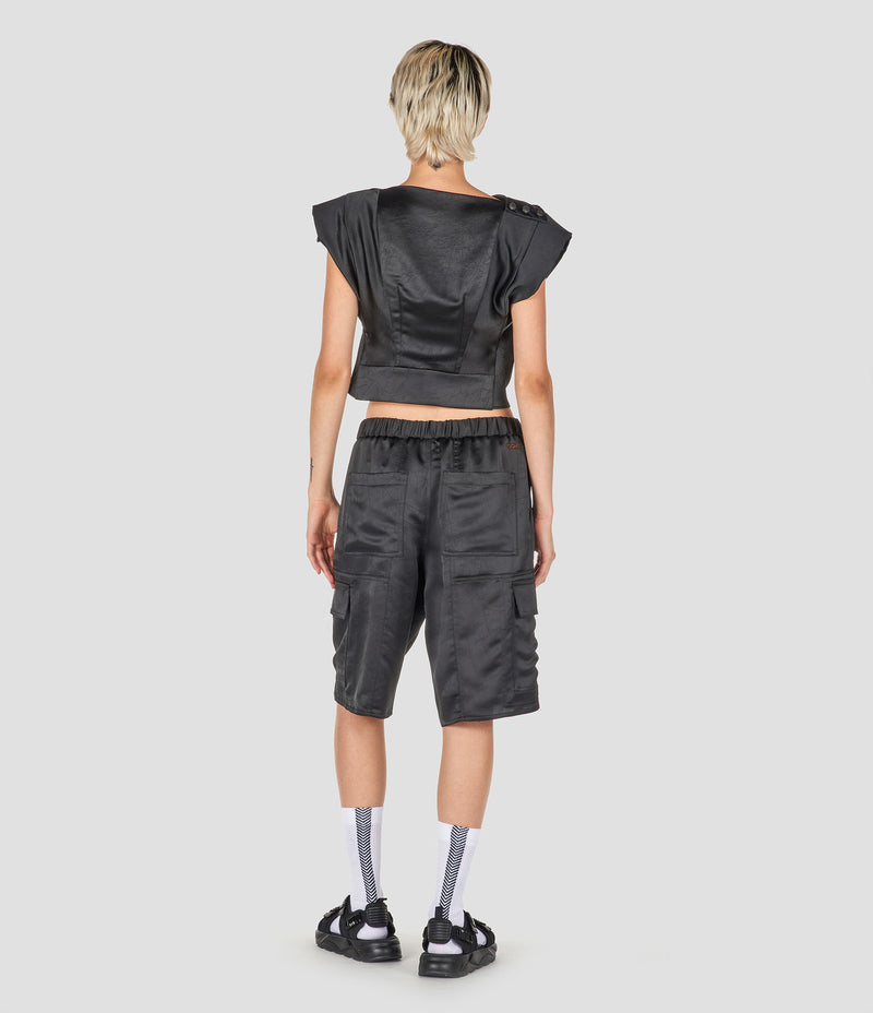 WRINKLED SHINY POLY BLACK CROP TOP