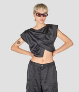 WRINKLED SHINY POLY BLACK CROP TOP